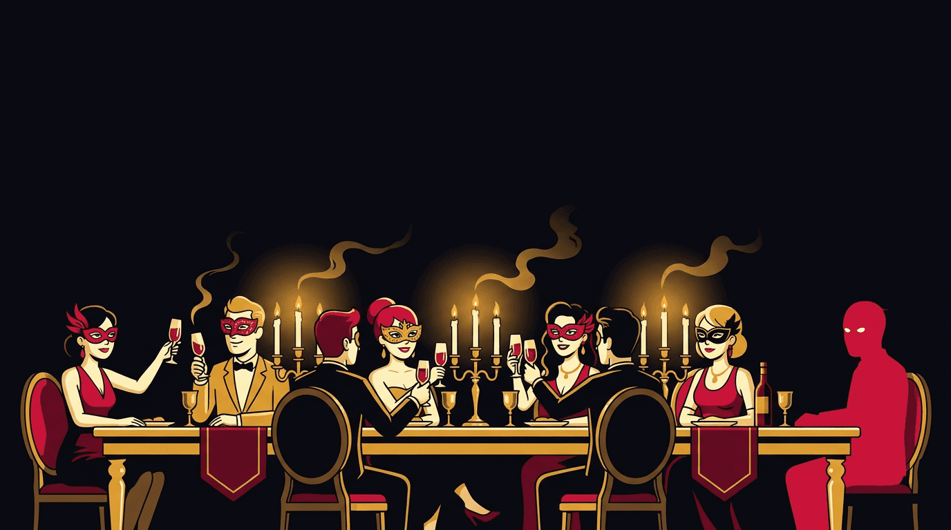 A glamorous masquerade dinner party where one guest, silhouetted in red, is the killer.